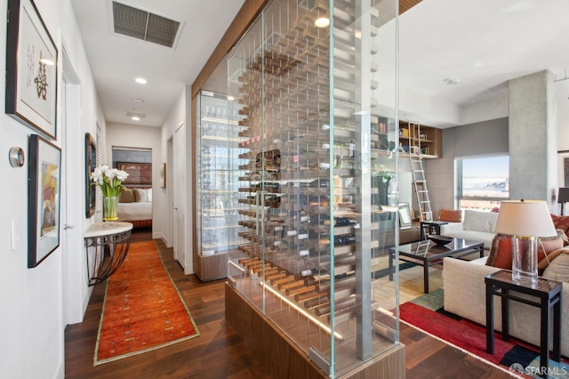 wine area featuring dark wood-type flooring