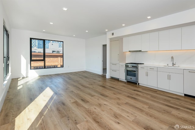 1288 Howard St Unit 418, San Francisco, CA 94103 - kitchen featuring stainless steel range, light wood-type flooring, a sink, white cabinetry, and recessed lighting
