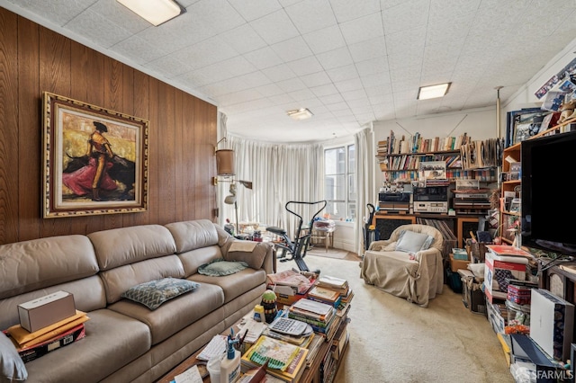 carpeted living room with wooden walls