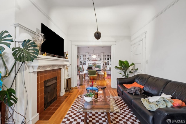 living room with a fireplace and wood finished floors