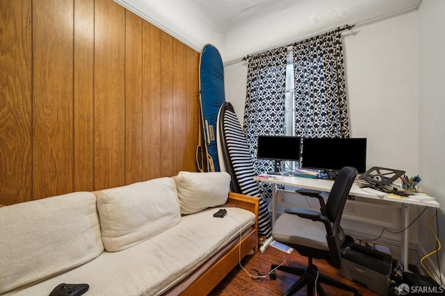 home office with dark wood-type flooring