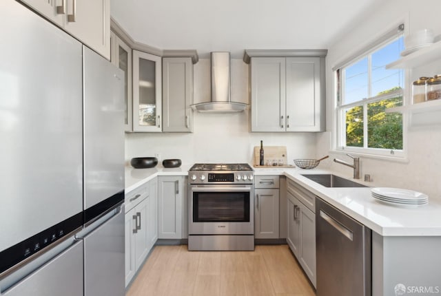 kitchen featuring wall chimney exhaust hood, stainless steel appliances, gray cabinets, and sink