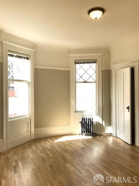 bonus room with radiator heating unit, healthy amount of natural light, and wood finished floors