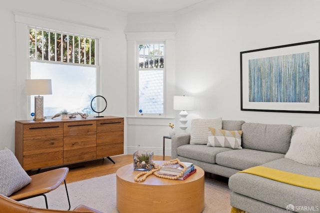 living room featuring ornamental molding, a wealth of natural light, and light hardwood / wood-style flooring