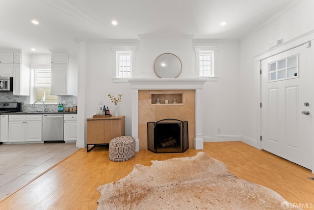 living room with sink, crown molding, light wood-type flooring, and a fireplace