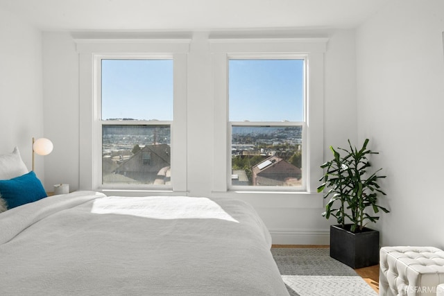 bedroom with hardwood / wood-style floors and multiple windows