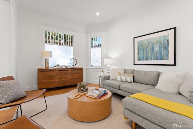 living room with hardwood / wood-style floors and crown molding