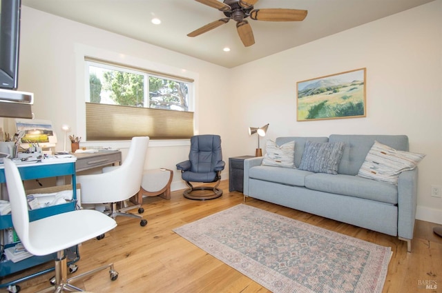 office with ceiling fan, wood finished floors, and recessed lighting