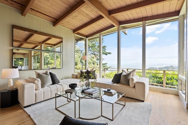 sunroom featuring wood ceiling, lofted ceiling with beams, and wood finished floors