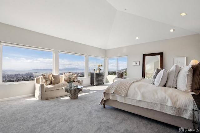 bedroom with high vaulted ceiling, recessed lighting, carpet flooring, and baseboards