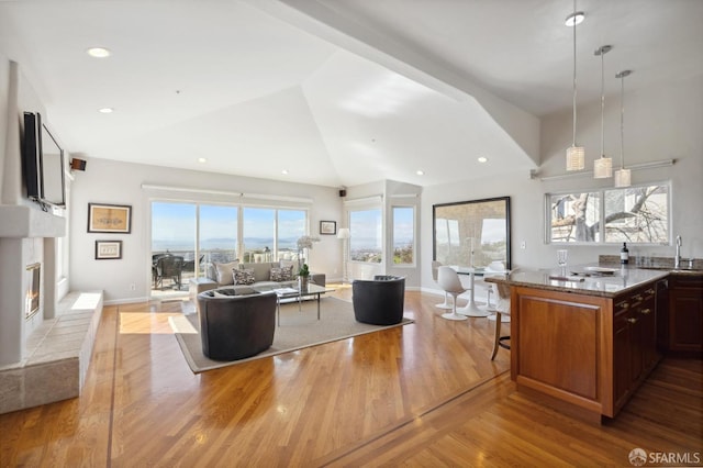 kitchen featuring light stone countertops, a glass covered fireplace, open floor plan, a sink, and wood finished floors