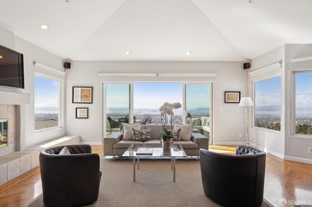 living room with lofted ceiling, a tiled fireplace, wood finished floors, and a wealth of natural light