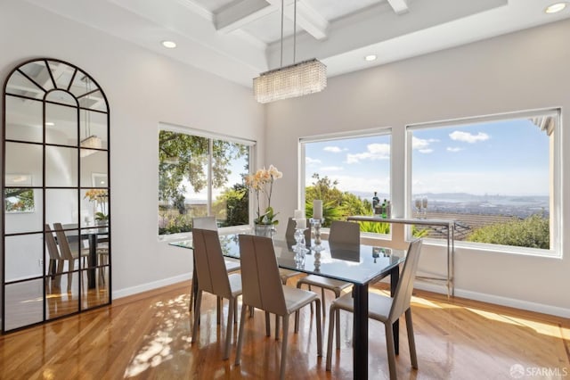 dining area with baseboards, coffered ceiling, wood finished floors, and beamed ceiling