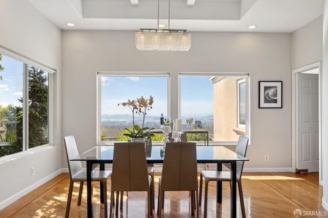 dining room with a tray ceiling, light wood-style flooring, and baseboards