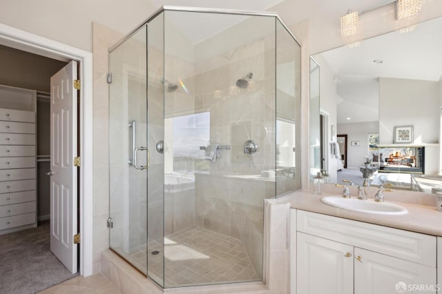 bathroom with a shower stall and vanity