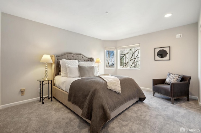 bedroom with recessed lighting, carpet, and baseboards