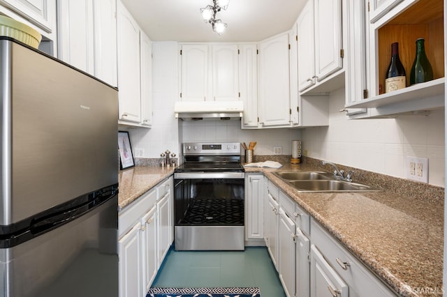 1520 Ofarrell St Unit 4, San Francisco, CA 94115 - kitchen featuring appliances with stainless steel finishes, under cabinet range hood, white cabinets, tile patterned flooring, and open shelves