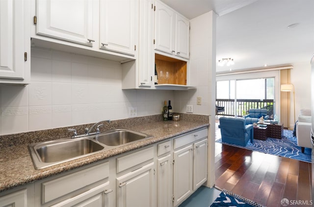 1520 Ofarrell St Unit 4, San Francisco, CA 94115 - kitchen with white cabinets, dark wood-style floors, tasteful backsplash, open floor plan, and open shelves