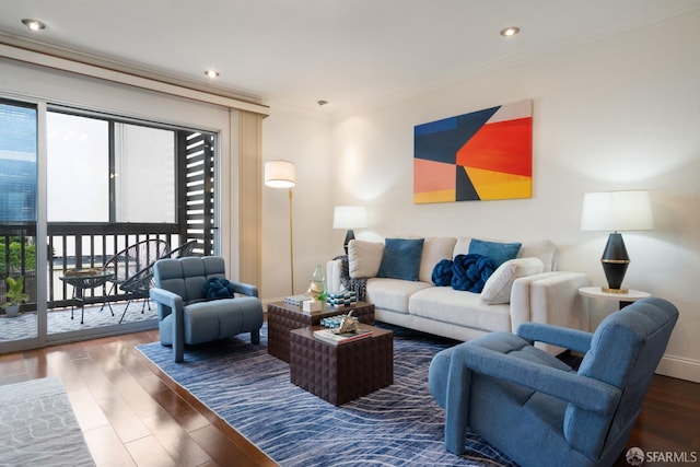1520 Ofarrell St Unit 4, San Francisco, CA 94115 - living room featuring wood finished floors, ornamental molding, healthy amount of natural light, and recessed lighting