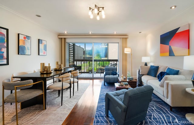 1520 Ofarrell St Unit 4, San Francisco, CA 94115 - living area featuring wood finished floors, crown molding, a chandelier, and recessed lighting
