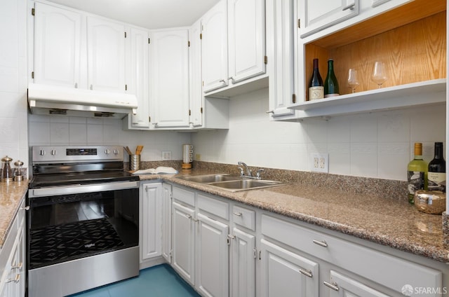 1520 Ofarrell St Unit 4, San Francisco, CA 94115 - kitchen featuring stainless steel electric range, under cabinet range hood, white cabinetry, and decorative backsplash