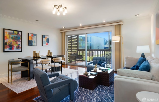 1520 Ofarrell St Unit 4, San Francisco, CA 94115 - living area with wood finished floors, crown molding, and a chandelier