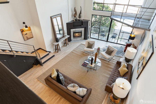 living room featuring a fireplace, a towering ceiling, and wood-type flooring