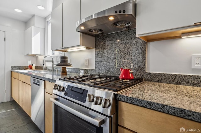 kitchen with recessed lighting, exhaust hood, decorative backsplash, stainless steel appliances, and a sink