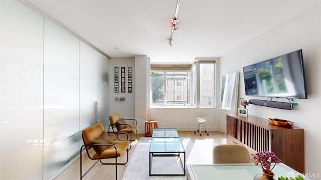 sitting room with light wood-type flooring and track lighting