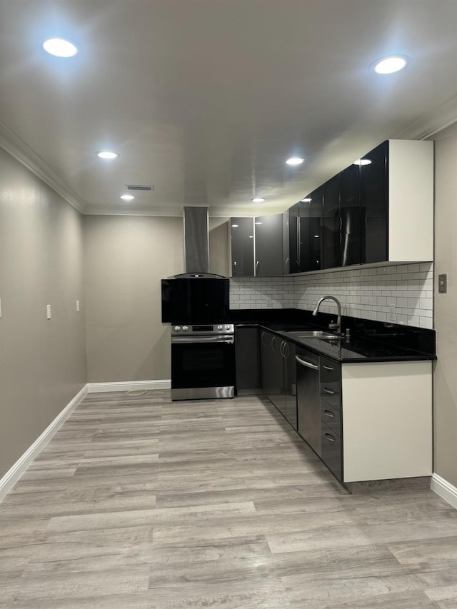 kitchen with appliances with stainless steel finishes, light hardwood / wood-style flooring, exhaust hood, and sink