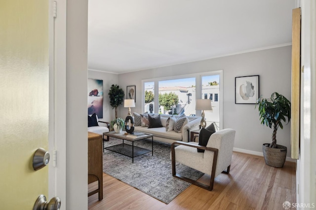 living room with ornamental molding and hardwood / wood-style flooring