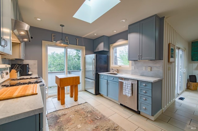 kitchen with ventilation hood, light countertops, appliances with stainless steel finishes, a skylight, and a sink