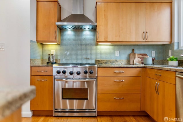 372 Baltimore Way, San Francisco, CA 94112 - kitchen featuring wall chimney exhaust hood, stainless steel appliances, light stone countertops, and decorative backsplash
