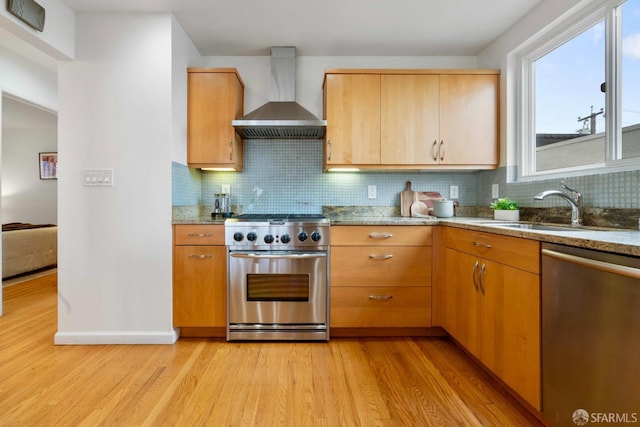 372 Baltimore Way, San Francisco, CA 94112 - kitchen featuring stainless steel appliances, wall chimney exhaust hood, light wood finished floors, and backsplash
