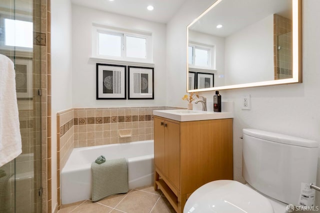 372 Baltimore Way, San Francisco, CA 94112 - bathroom with vanity, a garden tub, tile patterned flooring, a stall shower, and recessed lighting