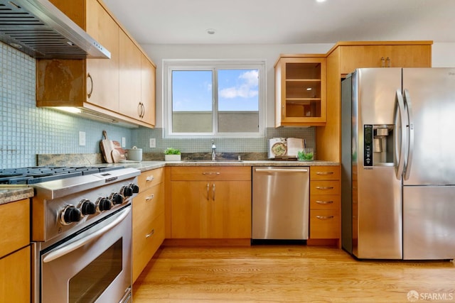 372 Baltimore Way, San Francisco, CA 94112 - kitchen with appliances with stainless steel finishes, under cabinet range hood, light wood-style floors, backsplash, and light countertops