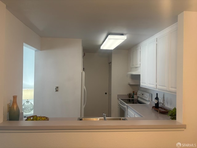 450 Carl St, San Francisco, CA 94117 - kitchen with white electric stove, under cabinet range hood, white cabinets, and light countertops