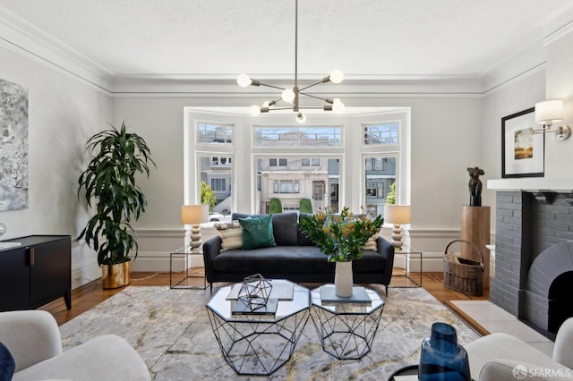 510 11th Ave, San Francisco, CA 94118 - living area with crown molding, a chandelier, wood finished floors, a textured ceiling, and baseboards