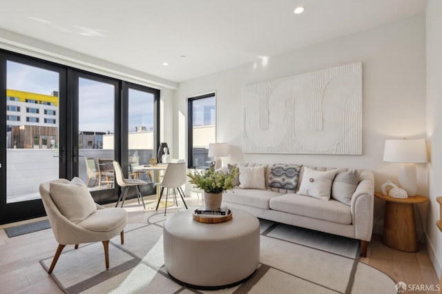 living room with french doors and light wood-type flooring