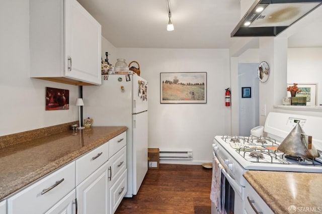 968-970 Broadway, San Francisco, CA 94133 - kitchen with white appliances, baseboard heating, exhaust hood, dark wood-type flooring, and white cabinets