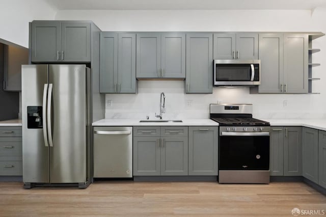 968-970 Broadway, San Francisco, CA 94133 - kitchen with appliances with stainless steel finishes, open shelves, light countertops, gray cabinetry, and light wood finished floors