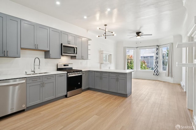 968-970 Broadway, San Francisco, CA 94133 - kitchen featuring stainless steel appliances, gray cabinets, a peninsula, light countertops, and light wood-style floors