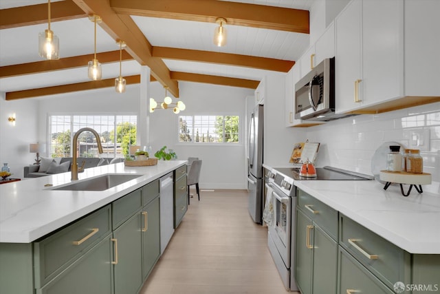 4330 Jana Vista Rd, El Sobrante, CA 94803 - kitchen with green cabinets, appliances with stainless steel finishes, a sink, tasteful backsplash, and light wood-style floors