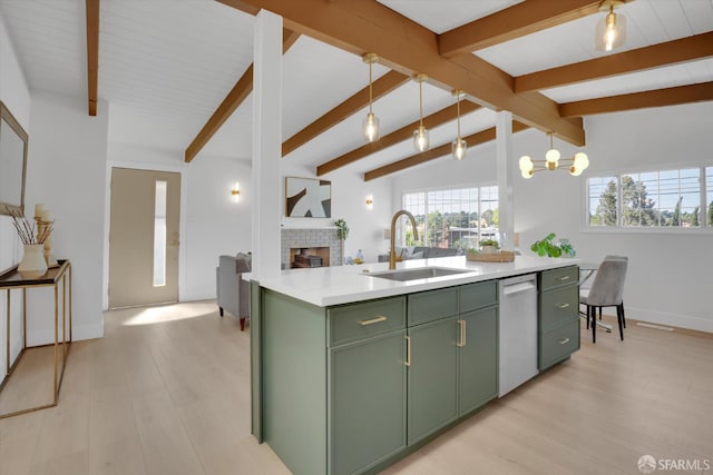4330 Jana Vista Rd, El Sobrante, CA 94803 - kitchen featuring green cabinets, a sink, dishwashing machine, light wood-style flooring, and a brick fireplace