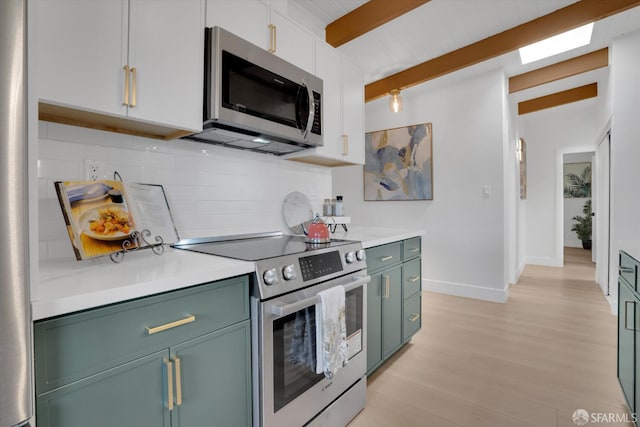 4330 Jana Vista Rd, El Sobrante, CA 94803 - kitchen with appliances with stainless steel finishes, green cabinetry, beam ceiling, tasteful backsplash, and light countertops