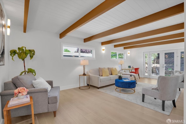 4330 Jana Vista Rd, El Sobrante, CA 94803 - living area with light wood-style flooring, beamed ceiling, french doors, and baseboards