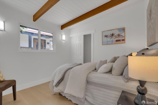 4330 Jana Vista Rd, El Sobrante, CA 94803 - bedroom featuring light wood finished floors, baseboards, a closet, and wood ceiling with exposed beams