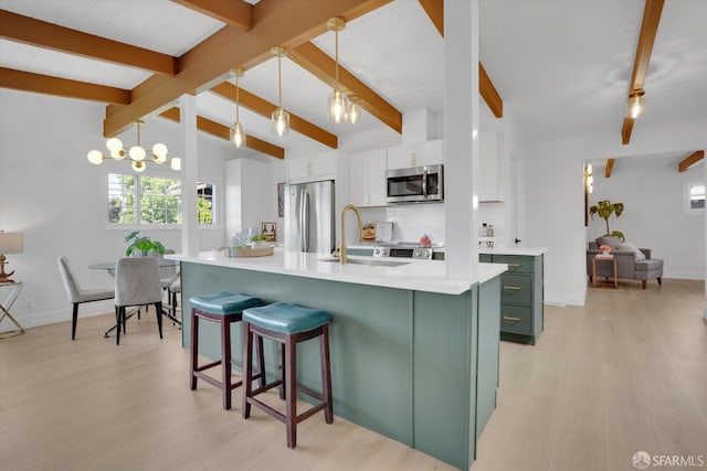 4330 Jana Vista Rd, El Sobrante, CA 94803 - kitchen with green cabinetry, stainless steel appliances, a sink, decorative backsplash, and white cabinetry