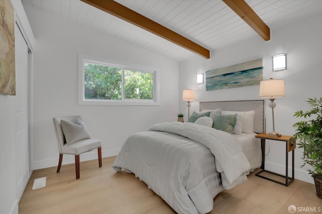 4330 Jana Vista Rd, El Sobrante, CA 94803 - bedroom featuring light wood finished floors, wooden ceiling with exposed beams, and baseboards