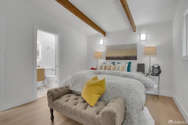 4330 Jana Vista Rd, El Sobrante, CA 94803 - bedroom featuring light wood-type flooring, baseboards, wood ceiling with exposed beams, and ensuite bathroom